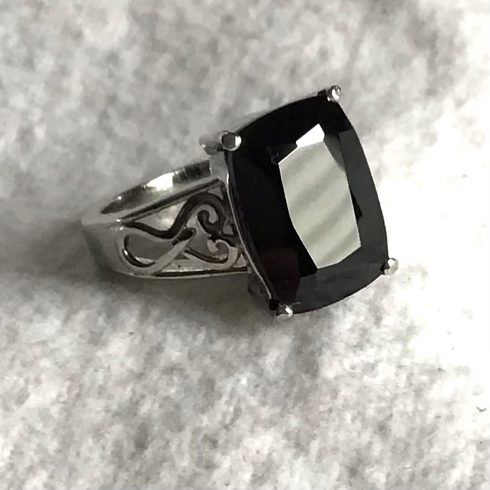 Emerald Cut Black Spinel Solitaire Ring in Stainless Steel